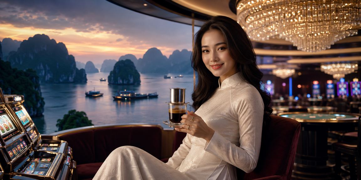 Phụ nữ mặc áo dài chơi slot game tại Vịnh Hạ Long với khung cảnh tự nhiên hùng vĩ